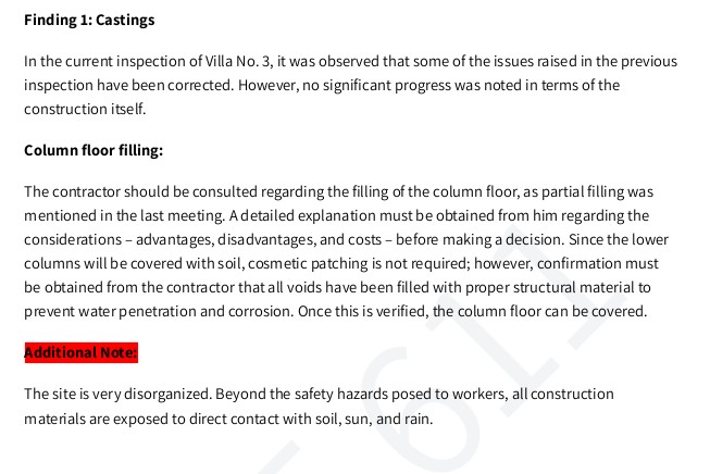 Inspection report - column floor filling follow-up
