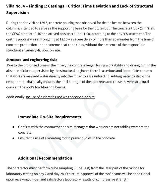 Inspection report - roof beam casting, critical time deviation